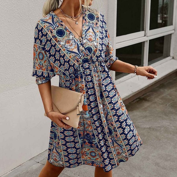 Bohemian Orange Paisley V neck Gypsy Mini Dress Cottagecore - Picture 15 of 16